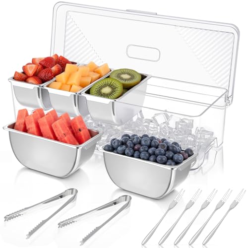 Image of Large Ice Chilled Condiment Server Caddy with 5 Stainless Steel Removable Compartments, Clear Plastic Garnish Tray with Lid, 5 Forks and 2 Tongs, Fruit, Salad, Taco, Bar Platter for Party Bar Supplies