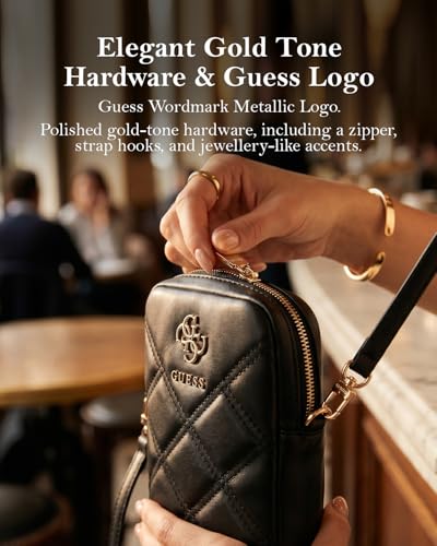 Image of CG MOBILE Guess Universal Wallet Bag Official Licensed PU Leather, Quilted with Zipper and 4G Metal Logo, Crossbody Bag, Protective Smartphone Wallet Bag & Travel Sling Pouch for Unisex - Black