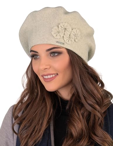 VIVISENCE Baskenmütze Damen Elegant Blume Warm Herbst Winter Accessoire 7006, Beige,Einheitsgröße