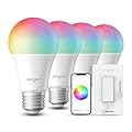 Sengled Dual Mode Smart Light Bulbs with Remote & App Control, Color Changing Light Bulbs 2700K-6500K Dimmable 65W, Group Control, Timer, Sunrise & Sunset, A19 RGBW Smart Bulbs 4 Pack+Wall Switch