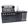 6 Burner Outdoor Kitchen Island with Grill, 85000 BTU Deluxe Stainless Steel Modular Outdoor Kitchen, Gas Propane BBQ Island with Refrigerator, Sink, Rotisserie, Storage Cabinet, Black