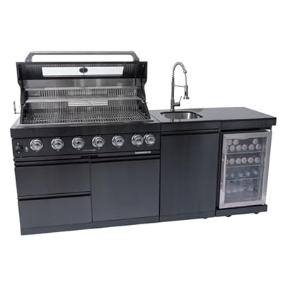 6 Burner Outdoor Kitchen Island with Grill, 85000 BTU Deluxe Stainless Steel Modular Outdoor Kitchen, Gas Propane BBQ Island with Refrigerator, Sink, Rotisserie, 85"W, Black