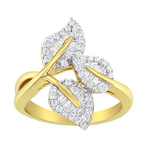 Haus of Brilliance 10k Yellow and White Gold 1/2 Cttw Baguette and Round Diamond Bypass Triple Leaf Ring (I-J Color, I1-I2 Clarity) - Size 7
