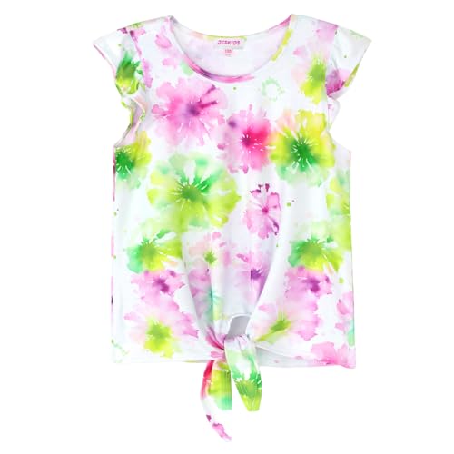 Image of JESKIDS Girls Short Sleeve Shirts Ruffle Tie Front Unicorn /Tie Dye Print Summer Tee Tank Tops 3-11 Years