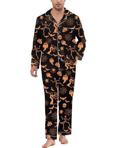 Veseacky Mens Halloween Pajamas Satin Silk Long Sleeve Pjs Set Holiday Theme Sleepwear Funny Party Loungewear - Halloween L