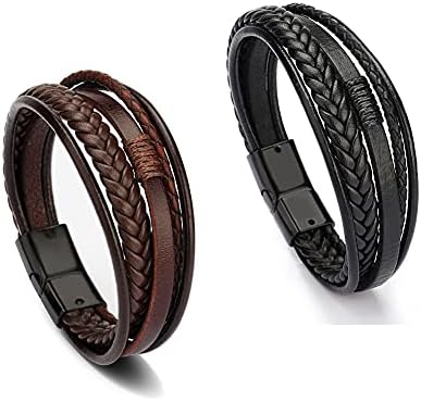 Bewoful Leather Bracelet Mens New with Magnetic Clasp Cowhide Multi-Layer Braided Leather Men Brown and Black Bracelets (Set B(2pcs)), 20cm, DD04