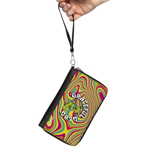Grateful Dead Wallet, Zip Around, Grateful Dead Dancing Bear Icon Swirl Multi Color White Black, Vegan Leather2