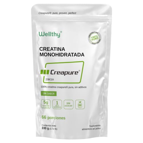 Wellthy Creapure® Creatine Monohydrate 330 gr. 100% Pure. Only 1 Ingredient Creapure® German Creatine. Vegan, Sugar Free, 66 Servings, 5g Per Serving, Includes Scoop. Pure. Proven. Perfect.