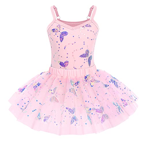 Toddler Kid Girls Skirted Leotards Ballet Dance Tutu Princess Dress Butterfly Sequins Camisole Gymnastics Dancewear Ballerina Outfits for Teens Pink 3-4 T