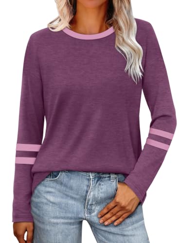 Image of Sampeel Long Sleeve Shirts for Women Color Block Casual Tops Fall Outfits 2026 Basic Tees Trendy Spring Clothes