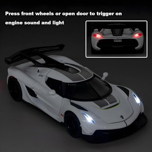Image of 1:32 Scale Koenigsegg Jesko Model Super Car - Exclusive Alloy Metal Pullback Toy with Openable Doors, Lights, and Music for Kids (White)