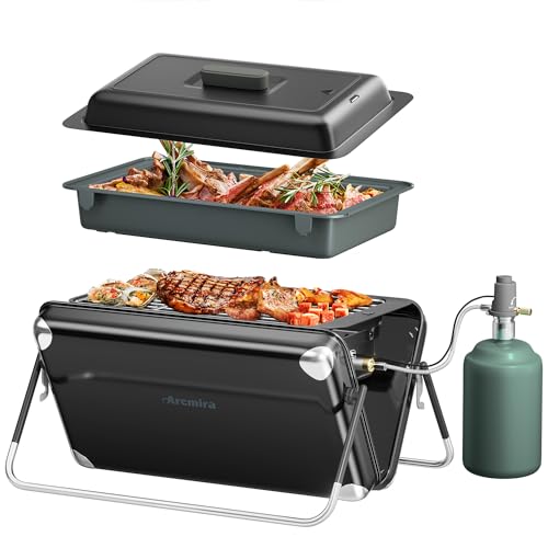 Arcmira SKJ-03A Portable Gas Grill, Compact Suitcase Design Portable Grill For Camping/Outdoor Cooking/Barbecue/Patio/Tailgate, Stainless Steel Small Propane Grill With Grill Pan, Drip Tray, Foldable Legs thumb #1
