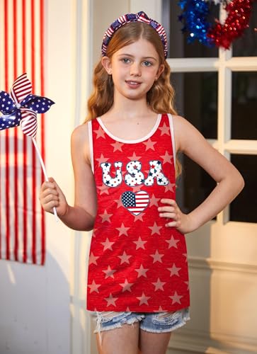 Image of 4th of July Girls Flag Tank Top Back Bow Sleeveless Patriotic Holidays T-Shirt 4-14 Years