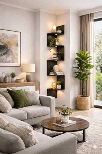 Image of 5-Tier Zigzag Corner Wall Mount Shelf, Modern Wooden Floating Corner Shelf, Space Saving Wall Storage for Living Room, Bedroom, Office, Books, Plants, Decor (Black, 5)