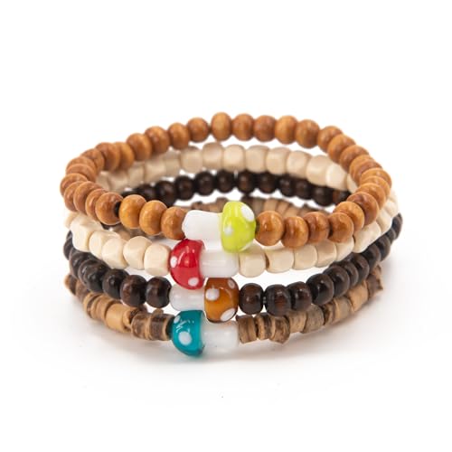 4-Piece Set of Unique Wooden Mushroom Beaded Elastic Bracelets - Unisex, Rustic Bohemian Style, Multi-Color,Good Gifts for Mom,Dad, Boyfriend, Girlfriend, Best Friend,Roommate or Classmate.