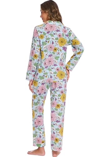Image of LUBOT 100% Cotton Pajamas for Women Pajama Set 2 Piece PJ Sleepwear Set Soft Ladies Button Knit Long Sleeve Loungewear XS-XXL