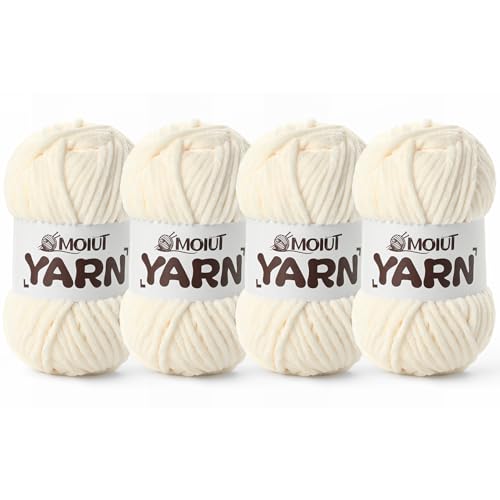 Image of 4 Packs Fluffy Chenille Yarn for Crocheting, Chunky Velvet Yarns for Crochet Amigurumi, Baby Yarn for Crocheting Soft Blanket, 349.9yds /14.1 oz Bulky Yarns for Crafts /Hats /Shoes /Socks (4 Milky White)