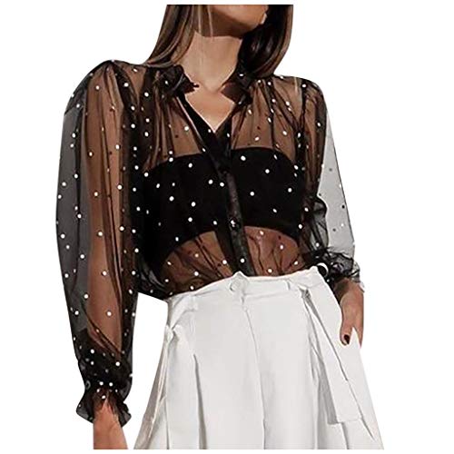 ZODOF Blusa con Mangas abullonadas para Mujer Blusas de Manga Larga, Mangas de Encaje Cuello en V Mangas Transparentes Camisa Elegante Tops