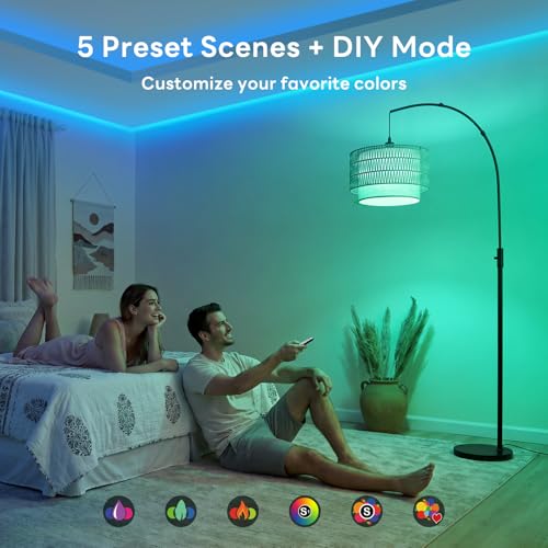VARICART Boho Rattan Arc Floor Lamp, 71" RGB Color Changing LED Standing Lamp with Magnetic Remote, 3-in-1 Double Layer Shade, 1600K Amber Light & 4000K Daylight, 10W 1200lm 0.1%-100% Dimmable — view 5