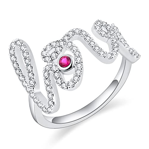 Moissanite Engagement Rings for Women,0.5 ct D Color VVS1 Lab Created Round Diamond Simulated Wedding Band Ruby,925 Sterling Silver Love Script Stackable Ring Thin Band Promise Ring for Her Size 4-10
