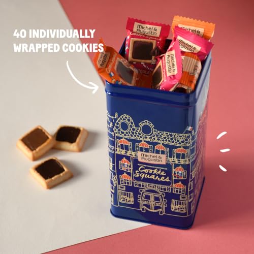 Michel et Augustin Cookies Gift Tin, Individually Wrapped Snacks, Dark Chocolate & Sea Salt and Milk Chocolate & Caramel Shortbread, Gift Basket, 40 French Butter Cookies