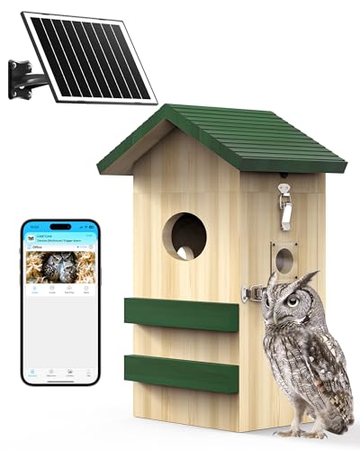 4G Cellular Smart Owl House with Camera Solar Powered, 2K HD Bird Watching,Large Pine Owls Box for Kestrels, Auto Detect & Notify, Night Vision, APP Control, Screech Owl Nest Box for Outside(NOT WIFI)