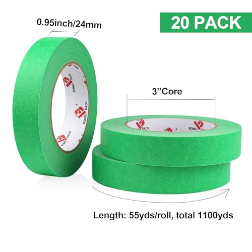 Image of BOMEI PACK Green Painters Tape 1 Inch Bulk - Paint Tape 20 Rolls x 1 Inch x 55 Yards - Green Masking Tape for Walls Painting, DIY Crafting, Edge Finishing and School Projects, Total 1100 Yards