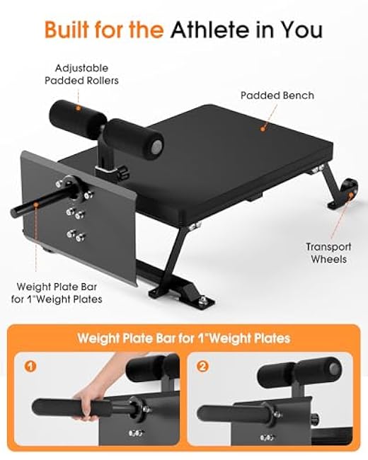 Nordic Curl Bench - Home Gym Hamstring Curl Machine with with 1 & 2 Olympic Weight Plates, Max Hold 450lbs, Compact Glute Machine, Easy to Move and Store with Wheels