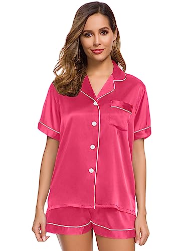 Image of SWOMOG Women Silk Satin Pajamas Set Short Sleeve Button Down Sleepwear Loungewear Pj Sets