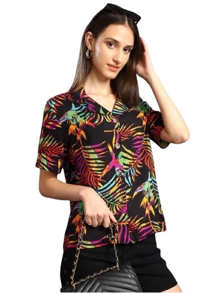 Women Relaxed Cuban Collar Floral Printed Casual Resort Shirt(16219Black-Yellow)