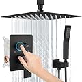 Aolemi Ceiling Mount Shower System Rain Shower Head with Handheld Spray Shower Faucet Set Rough-in Valve Shower Trim Included Bathroom Push Button Diverter Matte Black 12 Inch Ceiling Shower Head