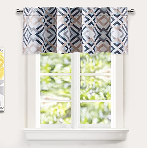Driftaway Diamond Trellis Watercolor Geometric Checker Plaid Pattern Blackout Thermal Insulated Energy Saving Window Curtain Valance Rod Pocket Single 52 Inch By 14 Inch Plus 1.75 Inch Header Navy #TOP1