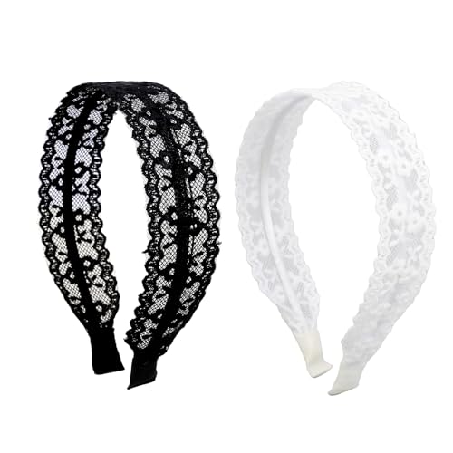 TEBIEKOY 2 Packs Lace Headbands for Women and Girls Vintage Floral Embroidered Head Bands Fashion Lace Hairbands Boho Hairhoops Hair Accessories