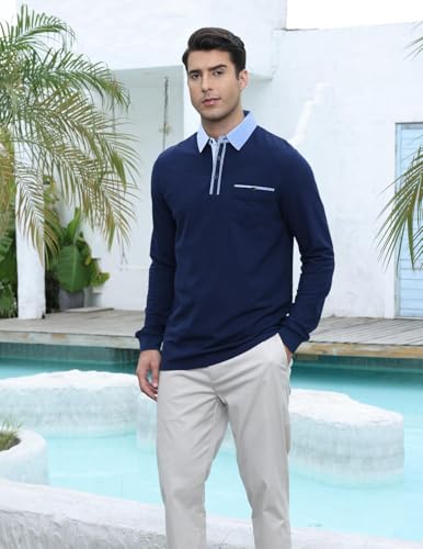 LIUPMWE LIUPMWE Poloshirt Herren Langarm Getäfelt T Shirts Männer Hemd T-Shirt Slim Fit Golf Sports,L,Blau-43 - Detailansicht 2 | TV | Video | Foto