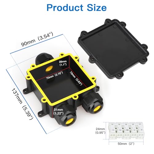 Helunsi 2 Pcs Waterproof Junction Box 3 Way, IP68 External Waterproof Electrical Junction Box, Black Underground Junction Box Outdoor Cable Connector, for Diameter 5mm -14mm Wire Gland (Larger)