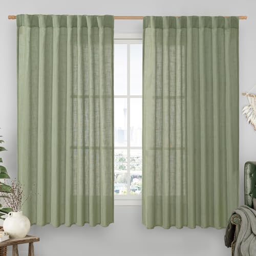 LAMIT Extra Wide Linen Curtains for Bedroom, Light Filtering Faux Linen Textured Panels Semi Sheer Back Tab and Rod Pocket Boho Drapes for Living Room/Farmhouse, 2 Panels, Sage Green, 60 x 63 Inch