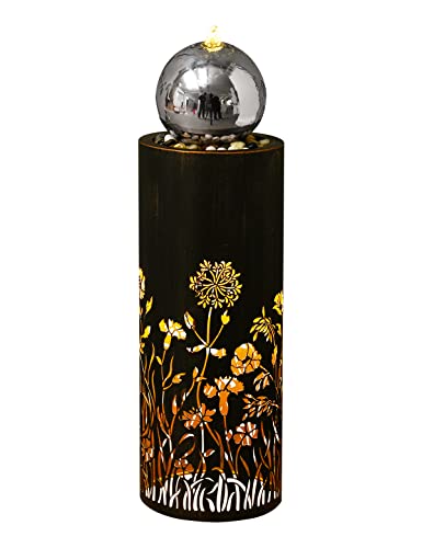 Axoso Outdoor Fountains And Waterfalls Flooring Standing Fountain Indoor-Ball With Led Light Hollow Carved Flower For Garden Patio Backyard Porch Balcony Home Décor 33.8 Inch Tall,Black & Silver #TOP1