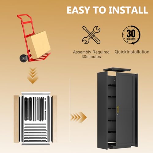 Lusiwry Tall Narrow Slim Metal Storage Cabinet with Lock and 5 Adjustable Shelves,Steel File Cabinets,Kitchen Pantry Cabinet Locker Organizer - 67\" Storage Cabinets for Bathroom,Bedroom,Office,Black