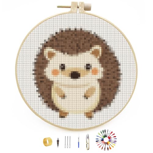 Generic Easy Stamped A Cute Cartoon Hedgehog Cross Stitch Kit for Beginners with Hoop Simple Patterns 11CT Counted Embroidery Needlepoint Crafts Arts for DIY Enthusiasts and Home Decor 22x22cm