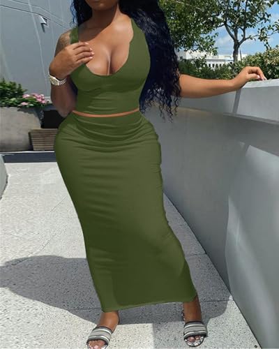 Image of Women Sexy Two Piece Skirt Outfits Long Sleeve /Sleeveless V Neck Bodycon Ribbed Knitted Maxi Club Party Dress