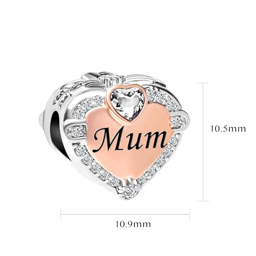 Image of Two-tone Family Rose Gold Love Heart Charm fits Pandora Charms Moments Bracelets Clear Cubic Zirconia Birthstones