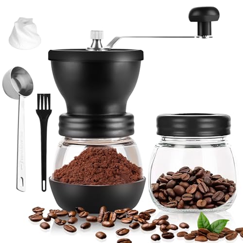 Kaffeemühle Manuall Coffee Grinder-Verstellbarer Mahlgrad Handkaffeemühle,Kaffeemühle mit keramikmahlwerk,Tragbare Handkaffeemühle mit 2 Gläsern für Reisen,Zuhause,Büro