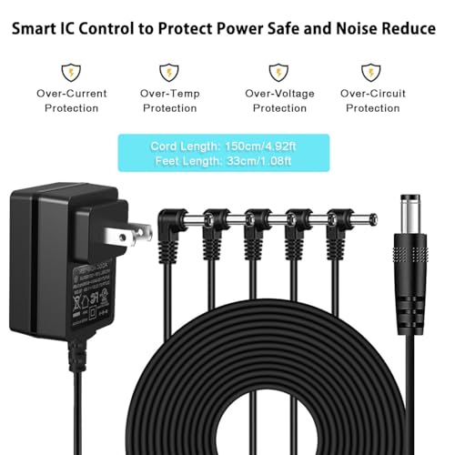 Image of JOYO 12V 1.5A DC Power Supply Adapter for Keyboard, Digital Piano, Guitar Pedals, Mini Amplifier AC Wall Charger Includes 5-Way Daisy Chain Cables & Reverse Polarity Cable (Tip Negative)