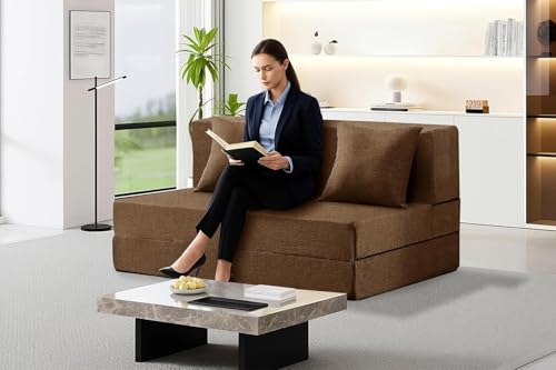 Image of Los Angeles Foldable Two Seater Sofa Cum Bed, Sofa Bed 4 X 6 Feet, Jute Fabric Washable Cover Including Two Cushion Perfect for Living Room & Office, Guest Room - Brown Color