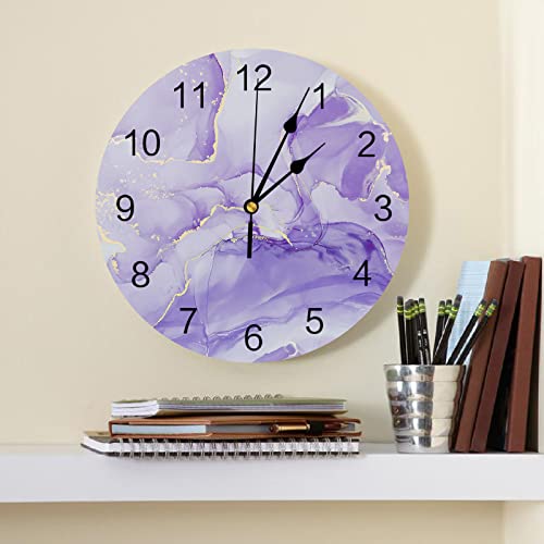 Wall Clock Purple Marble Battery Operated Clocks Pvc Silent Non-Ticking Wallclock 12 Inch Ombre Purple Abstract Art Round Wall Clocks For Living Room Bedroom Kitchen Office School Bathroom Home Decor #TOP1