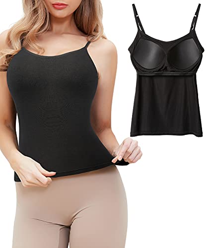 FitValen Spaghettiträger Unterhemd Damen Spaghetti Tops mit Integriertem BH Ohne Bügel Shaping Hemd Basic Verstellbare Trägertop Formende Unterhemden Bügelloser BH Tank Top Schwarz 2XL Cover
