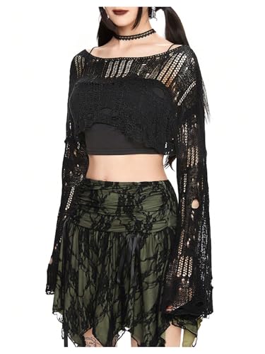 Verdusa Women's Crochet Crop Top Lightweight Sweaters Shrugs Flare Long Sleeve Pullover Knit Tops Goth Clothes4