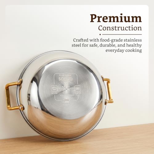 Image of Amazon Brand - Solimo Premium Triply Stainless Steel Kadhai 22cm (1.8L) | SS Lid | Even Heating | Gas & Induction Compatible | Dishwasher Safe | Food Safe SS 304 | Elegant Golden Handles | BIS Certified