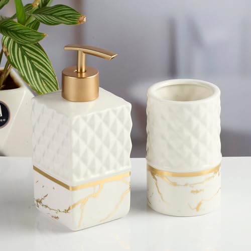Image of Kookee Ceramic Bathroom Accessories Set of 2 | Modern Bath Set with Soap Dispenser & Toothbrush Holder | Luxury Bathroom Essentials for Home (11578)