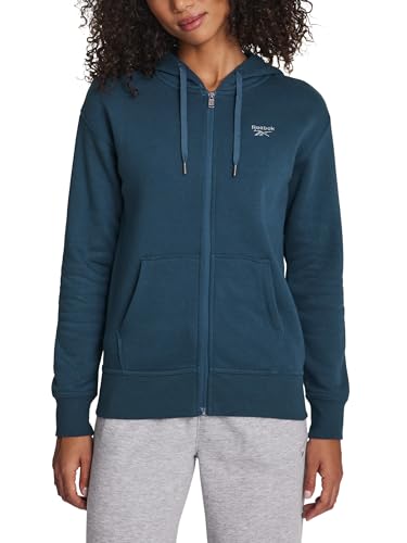 Reebok Women’s Rhinestone Full-Zip Hoodie, Standard Fit, Midweight Cotton-Poly Fabric, Retro Teal, Large